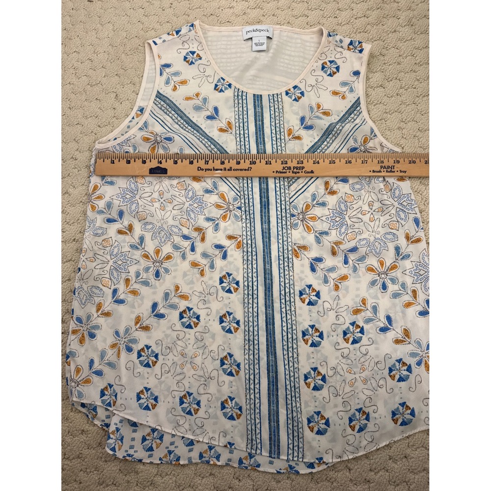 Peck & Peck Womens Large Blue White Floral Geometric Sleeveless Blouse Shell Top